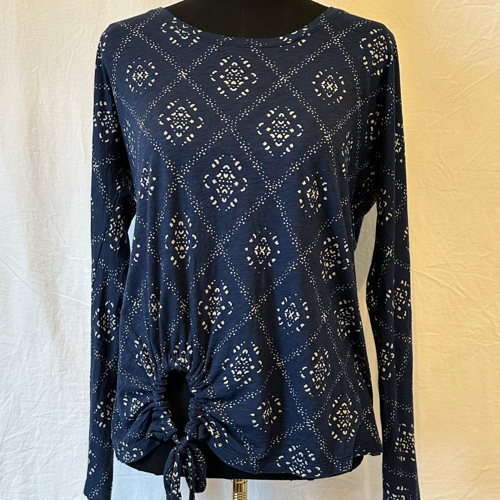 Lucky Brand Navy Printed Tie Front‎ Top Long Sleeve Size M